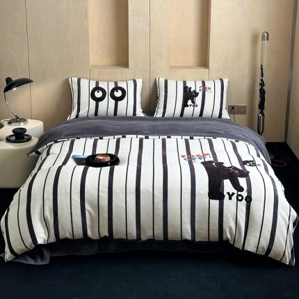 昔可 2023新款大版数码印花牛奶绒四件套 功夫黑猫