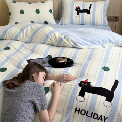 昔可 2023新款大版数码印花牛奶绒四件套 绿苹果小黑猫