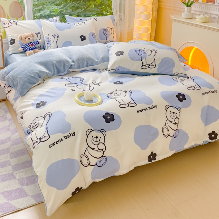 91家纺网 家纺一手货源 找家纺 金鑫汇2023新款A版面料+B版高克重牛奶绒四件套奶油小熊