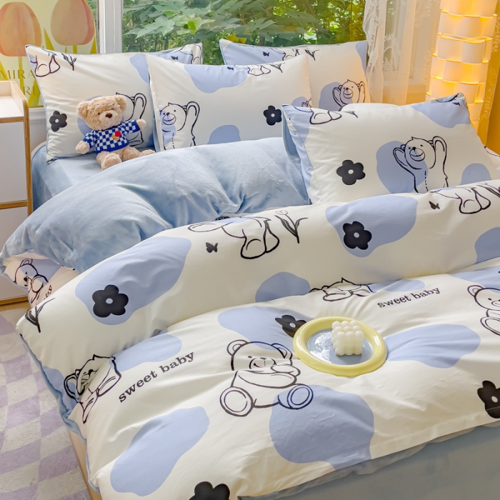 91家纺网 家纺一手货源 找家纺 金鑫汇2023新款A版面料+B版高克重牛奶绒四件套奶油小熊