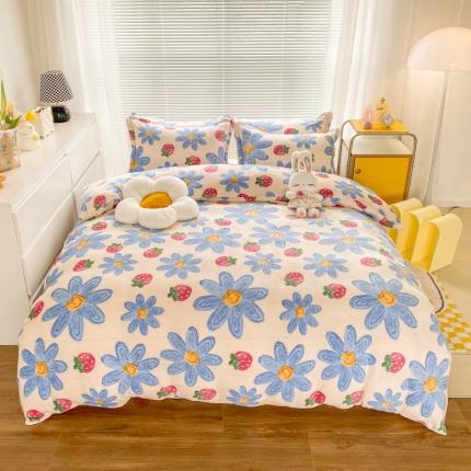 91家纺网 家纺一手货源 找家纺 妖妖家纺 2023新款 法莱绒加厚保暖四件套幸运花