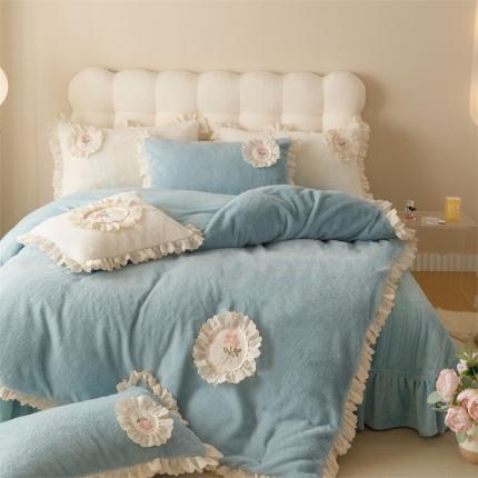 91家纺网 家纺一手货源 找家纺 菊上家纺 2023新款加厚牛奶绒刺绣超保暖床盖四件套 莫奈蓝