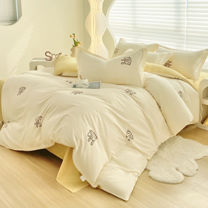 91家纺网 家纺一手货源 找家纺 楠沐 2025新款亲肤水洗棉磨毛四件套 小绵羊-黄