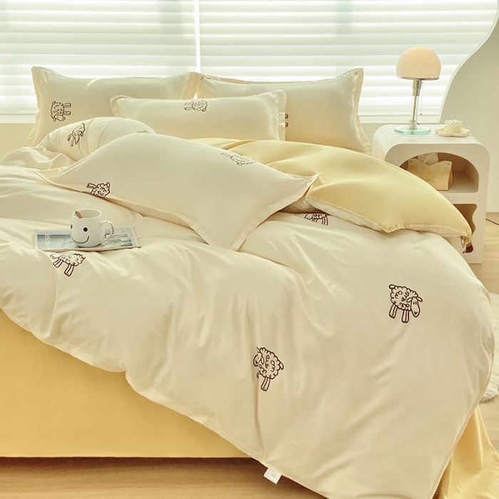 91家纺网 家纺一手货源 找家纺 楠沐 2025新款亲肤水洗棉磨毛四件套 小绵羊-黄