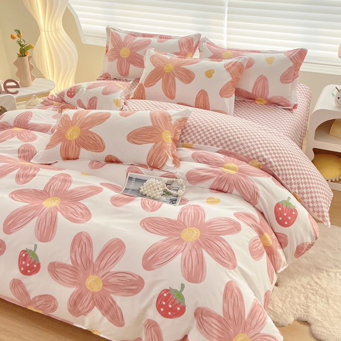 91家纺网 家纺一手货源 找家纺 楠沐 2025新款亲肤水洗棉磨毛四件套 阳光花苑-粉