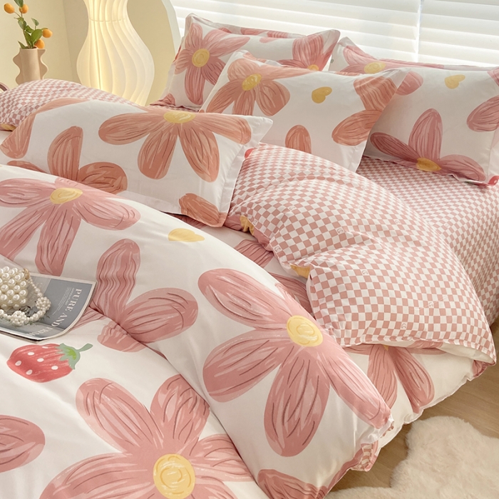 91家纺网 家纺一手货源 找家纺 楠沐 2025新款亲肤水洗棉磨毛四件套 阳光花苑-粉