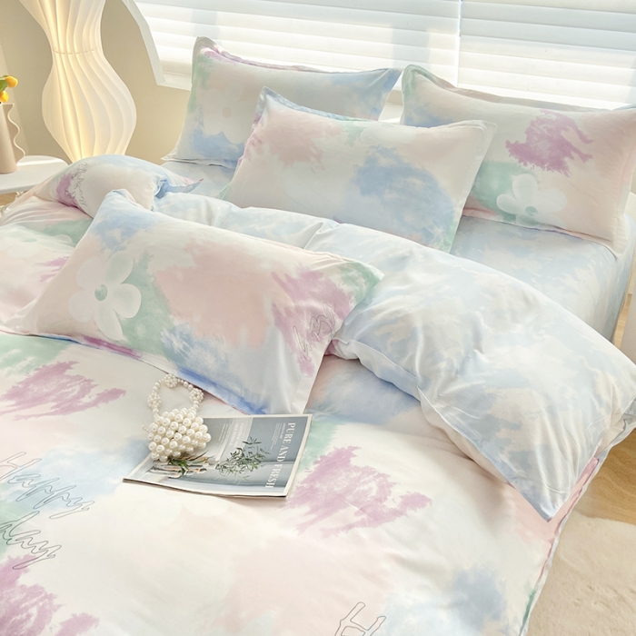 91家纺网 家纺一手货源 找家纺 楠沐 2025新款亲肤水洗棉磨毛四件套 晕染马卡龙