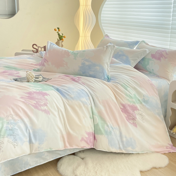 91家纺网 家纺一手货源 找家纺 楠沐 2025新款亲肤水洗棉磨毛四件套 晕染马卡龙