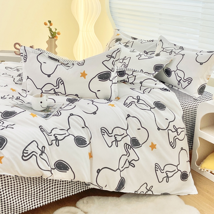 91家纺网 家纺一手货源 找家纺 楠沐 2025新款亲肤水洗棉磨毛四件套 快乐史努比-白