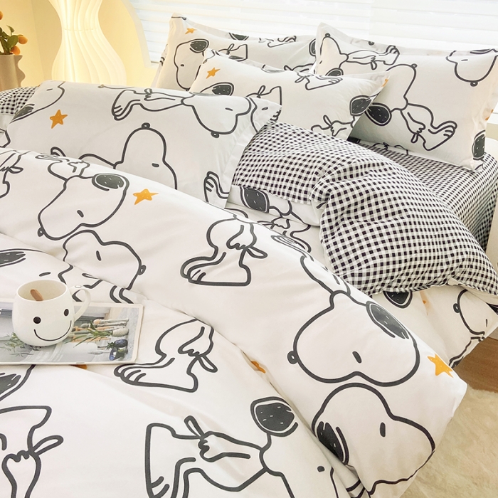 91家纺网 家纺一手货源 找家纺 楠沐 2025新款亲肤水洗棉磨毛四件套 快乐史努比-白