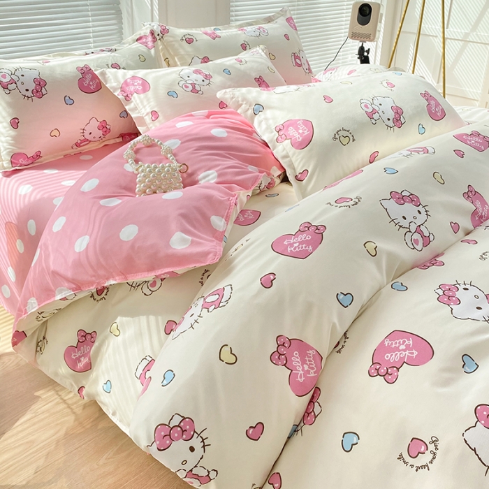 91家纺网 家纺一手货源 找家纺 楠沐 2025新款亲肤水洗棉磨毛四件套 糖果KT猫