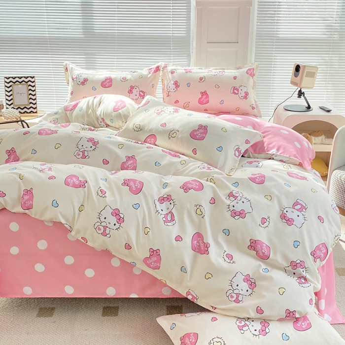 91家纺网 家纺一手货源 找家纺 楠沐 2025新款亲肤水洗棉磨毛四件套 糖果KT猫