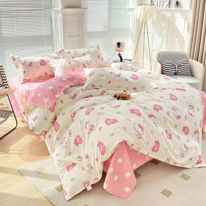 91家纺网 家纺一手货源 找家纺 楠沐 2025新款亲肤水洗棉磨毛四件套 糖果KT猫