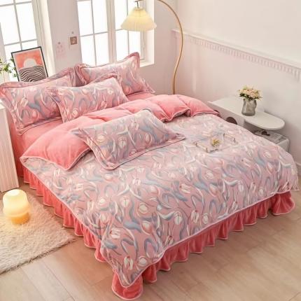 韩秀2024新款金貂牛奶法莱绒床裙款四件套加厚保暖8.5斤 郁金香