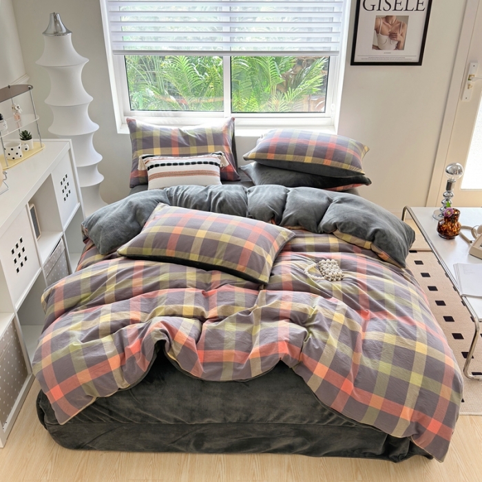 91家纺网 家纺一手货源 找家纺 三沁 2023新款全棉水洗棉加绒四件套 棉绒-彩格灰