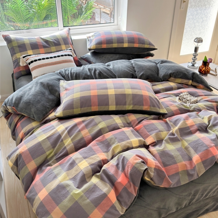 91家纺网 家纺一手货源 找家纺 三沁 2023新款全棉水洗棉加绒四件套 棉绒-彩格灰