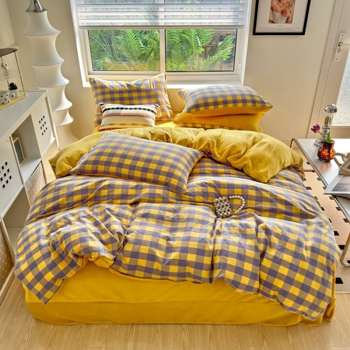 91家纺网 家纺一手货源 找家纺 三沁 2023新款全棉水洗棉加绒四件套 棉绒-紫黄中格