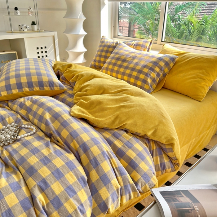 91家纺网 家纺一手货源 找家纺 三沁 2023新款全棉水洗棉加绒四件套 棉绒-紫黄中格