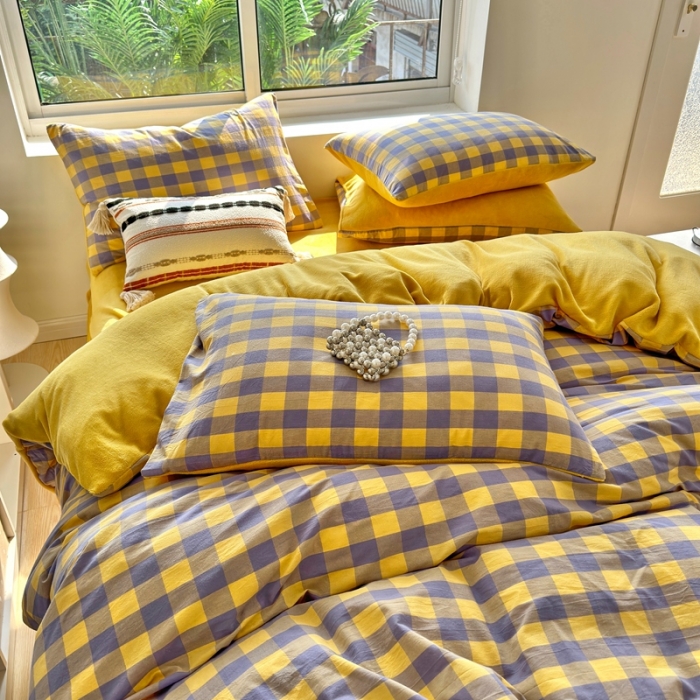 91家纺网 家纺一手货源 找家纺 三沁 2023新款全棉水洗棉加绒四件套 棉绒-紫黄中格