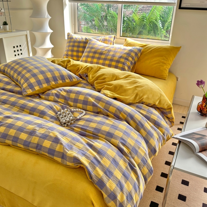 91家纺网 家纺一手货源 找家纺 三沁 2023新款全棉水洗棉加绒四件套 棉绒-紫黄中格