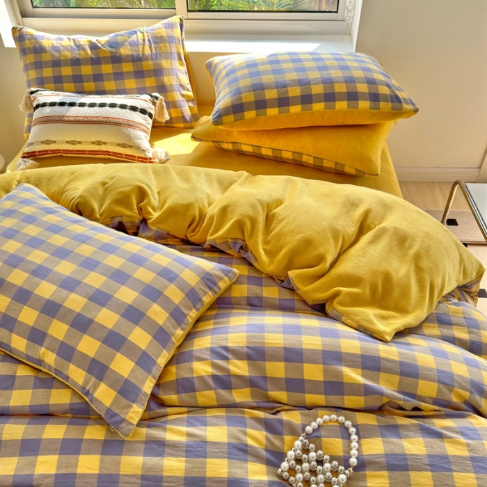 91家纺网 家纺一手货源 找家纺 三沁 2023新款全棉水洗棉加绒四件套 棉绒-紫黄中格