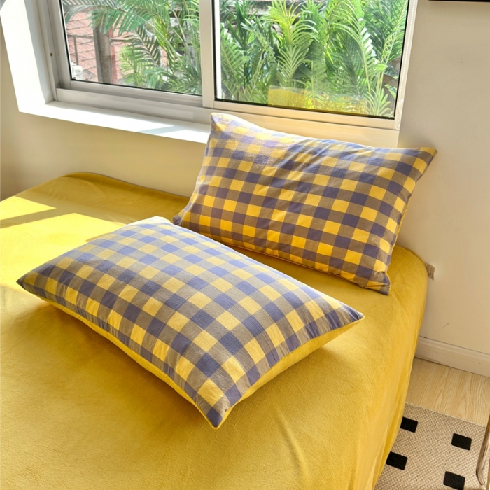 91家纺网 家纺一手货源 找家纺 三沁 2023新款全棉水洗棉加绒四件套 棉绒-紫黄中格