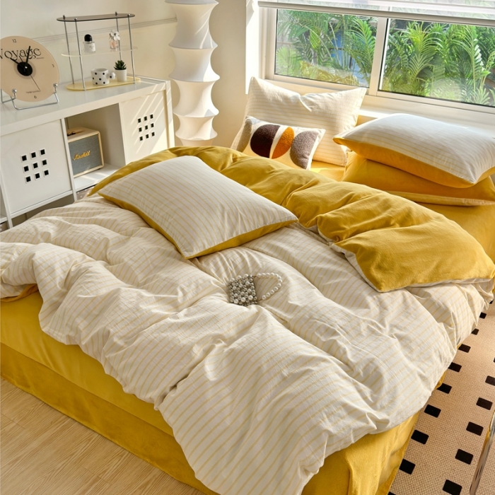 91家纺网 家纺一手货源 找家纺 三沁 2023新款全棉水洗棉加绒四件套 棉绒-奶油黄条