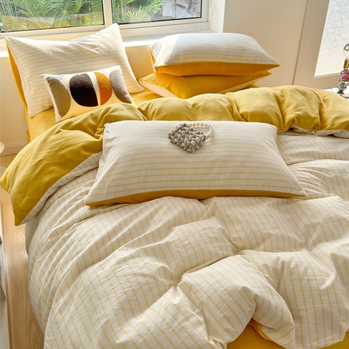 91家纺网 家纺一手货源 找家纺 三沁 2023新款全棉水洗棉加绒四件套 棉绒-奶油黄条