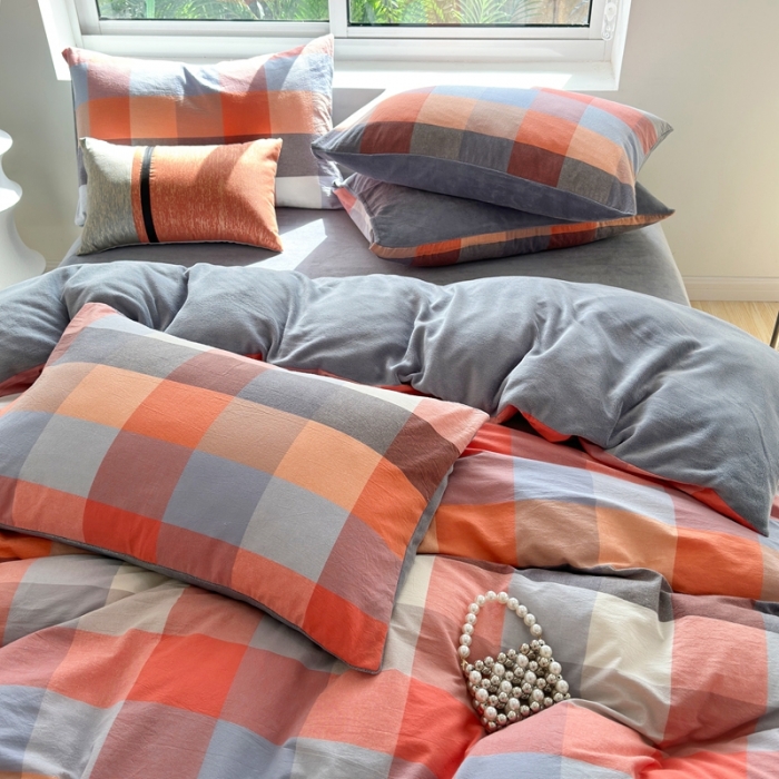 91家纺网 家纺一手货源 找家纺 三沁 2023新款全棉水洗棉加绒四件套 棉绒-七彩格