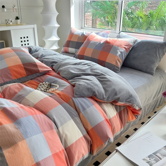 91家纺网 家纺一手货源 找家纺 三沁 2023新款全棉水洗棉加绒四件套 棉绒-七彩格