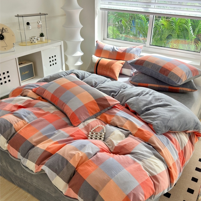 91家纺网 家纺一手货源 找家纺 三沁 2023新款全棉水洗棉加绒四件套 棉绒-七彩格