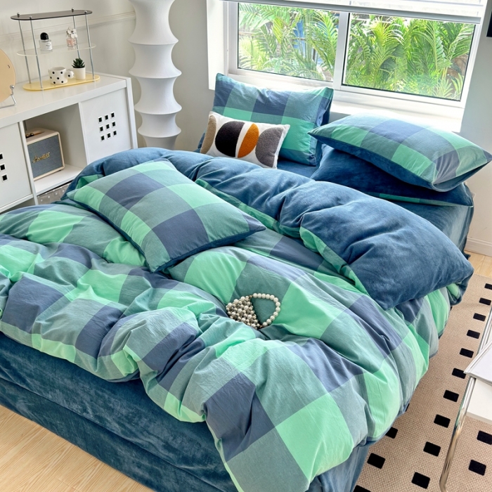 91家纺网 家纺一手货源 找家纺 三沁 2023新款全棉水洗棉加绒四件套 棉绒-雅典绿大格