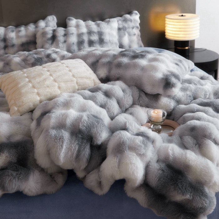 91家纺网 家纺一手货源 找家纺 金奇达家纺 2024秋冬保暖加厚绒类皮草绒四件套-【布拉格】系列 布拉格蓝灰