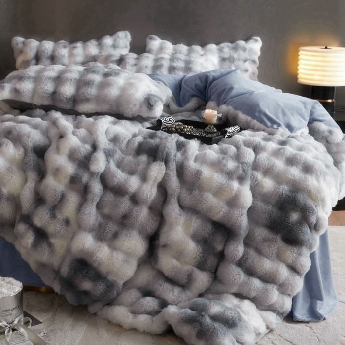 91家纺网 家纺一手货源 找家纺 金奇达家纺 2024秋冬保暖加厚绒类皮草绒四件套-【布拉格】系列 布拉格蓝灰