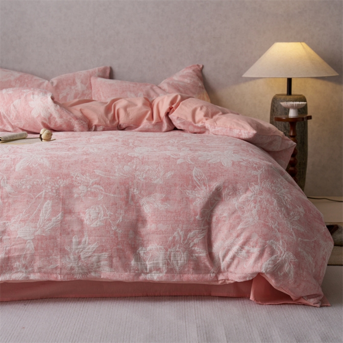 91家纺网 家纺一手货源 找家纺 安莱生活 2023新款双层纱基础蔷薇玫瑰系列四件套 蔷薇物-粉色