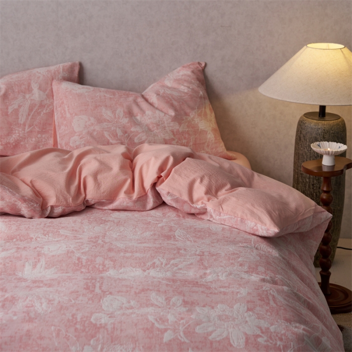 91家纺网 家纺一手货源 找家纺 安莱生活 2023新款双层纱基础蔷薇玫瑰系列四件套 蔷薇物-粉色