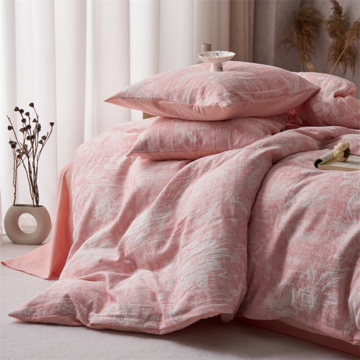 91家纺网 家纺一手货源 找家纺 安莱生活 2023新款双层纱基础蔷薇玫瑰系列四件套 蔷薇物-粉色