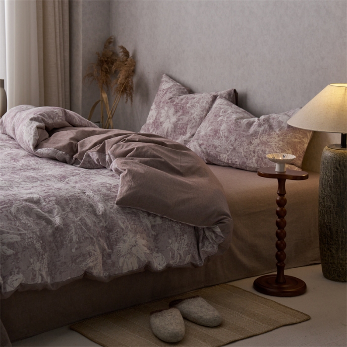 91家纺网 家纺一手货源 找家纺 安莱生活 2023新款双层纱基础蔷薇玫瑰系列四件套 蔷薇物-紫色