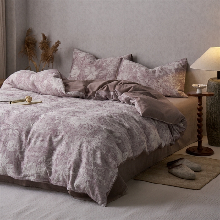 91家纺网 家纺一手货源 找家纺 安莱生活 2023新款双层纱基础蔷薇玫瑰系列四件套 蔷薇物-紫色