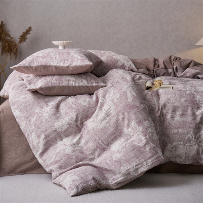 91家纺网 家纺一手货源 找家纺 安莱生活 2023新款双层纱基础蔷薇玫瑰系列四件套 蔷薇物-紫色