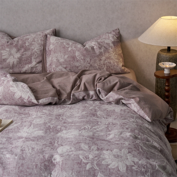 91家纺网 家纺一手货源 找家纺 安莱生活 2023新款双层纱基础蔷薇玫瑰系列四件套 蔷薇物-紫色