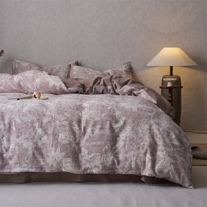 91家纺网 家纺一手货源 找家纺 安莱生活 2023新款双层纱基础蔷薇玫瑰系列四件套 蔷薇物-紫色