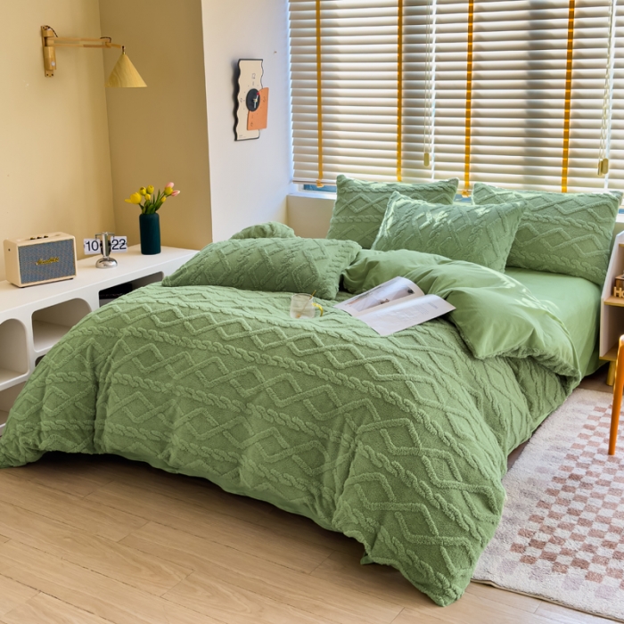 91家纺网 家纺一手货源 找家纺 潮邦创意家居 2025新款跑量款塔芙绒宝宝绒四件套 豆绿