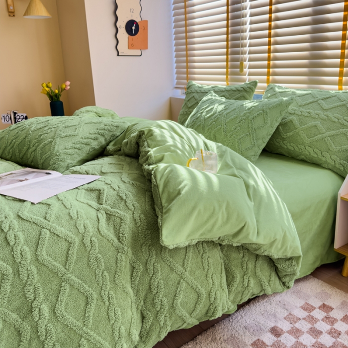 91家纺网 家纺一手货源 找家纺 潮邦创意家居 2025新款跑量款塔芙绒宝宝绒四件套 豆绿