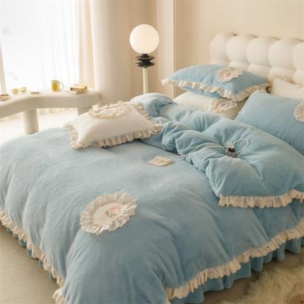 91家纺网 家纺一手货源 找家纺 胜权 新款AB版仿兔绒牛奶绒加厚韩国绒刺绣夹棉床盖四件套 莫奈蓝