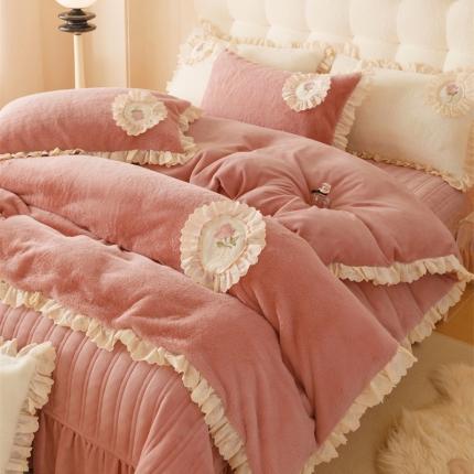 （总）胜权 新款AB版仿兔绒牛奶绒加厚韩国绒刺绣夹棉床盖四件套