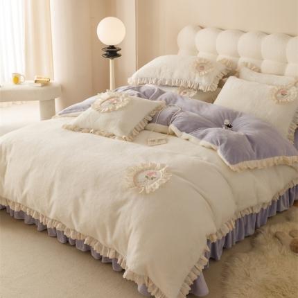 胜权 新款AB版仿兔绒牛奶绒加厚韩国绒刺绣夹棉床盖四件套 花茜紫