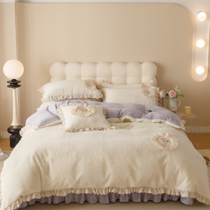 91家纺网 家纺一手货源 找家纺 胜权 新款AB版仿兔绒牛奶绒加厚韩国绒刺绣夹棉床盖四件套 花茜紫