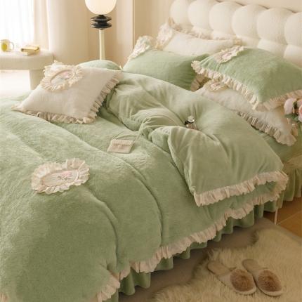 胜权 新款AB版仿兔绒牛奶绒加厚韩国绒刺绣夹棉床盖四件套 抹茶绿