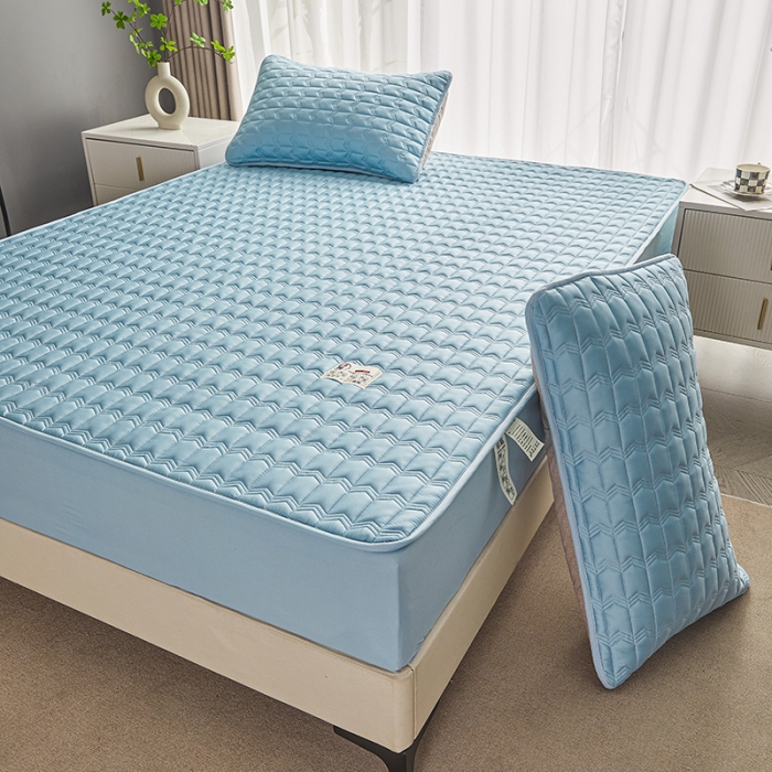 91家纺网 家纺一手货源 找家纺 满羽家纺 2023新款原棉大豆床笠三件套 静谧蓝